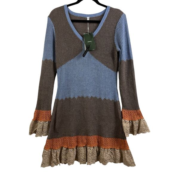 Bohemian Yohers New Colorblock Knit Crochet Ruffle Lace Trim Mini Dress Large - Picture 3 of 15